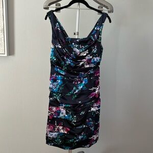 NWT Express Navy Satin ruched floral sheath dress. Size 6